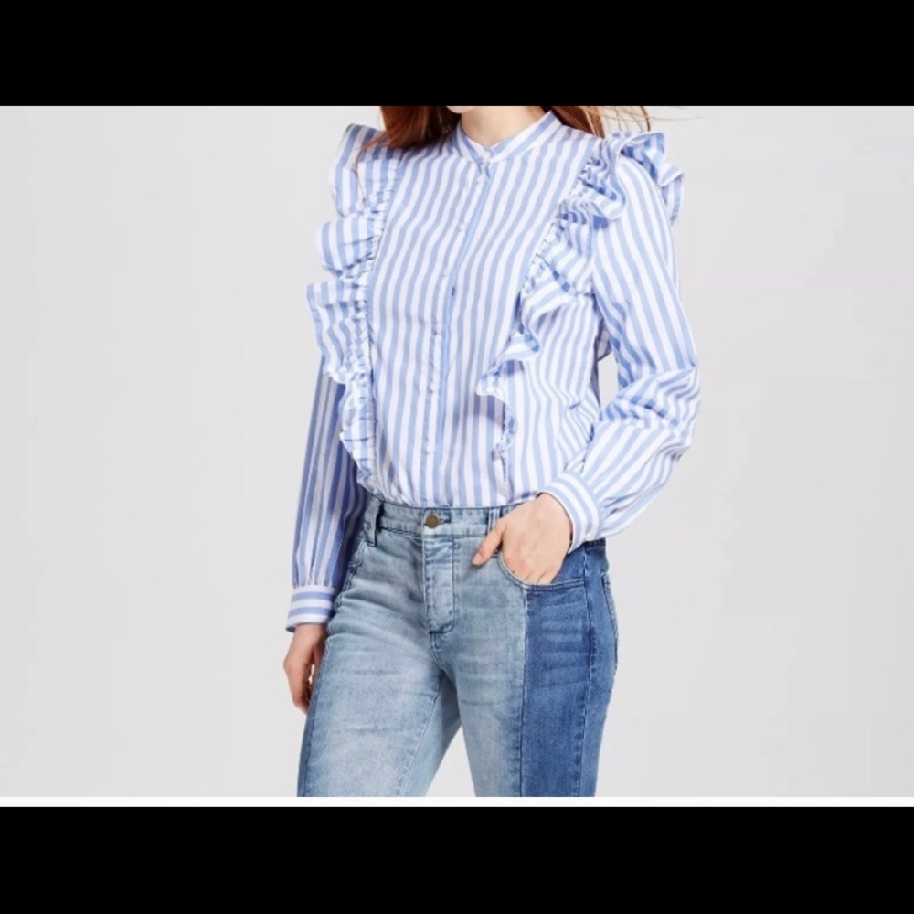 WHO WHAT WEAR Striped Ruffle Button-Up Blouse